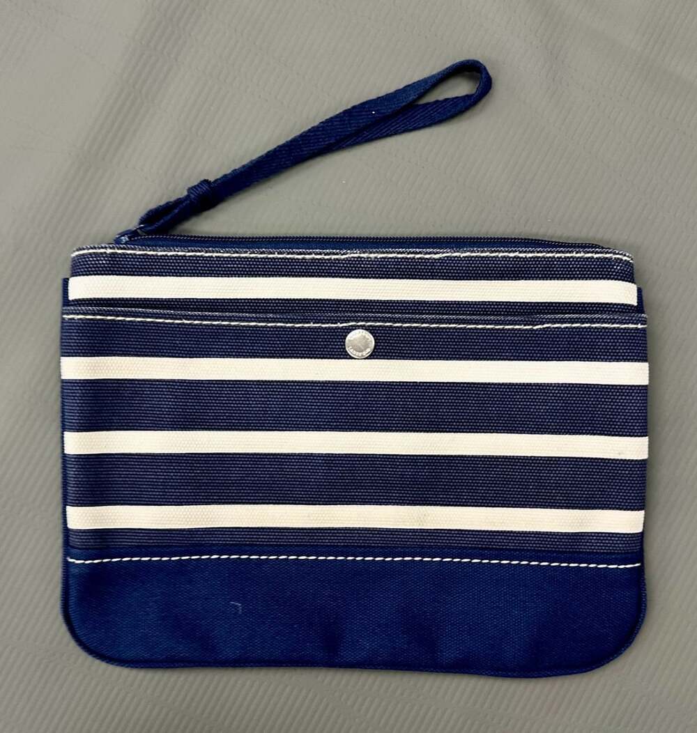Lands' End Blue and White Striped Canvas Wristlet Clutch Cosmetic Pouch